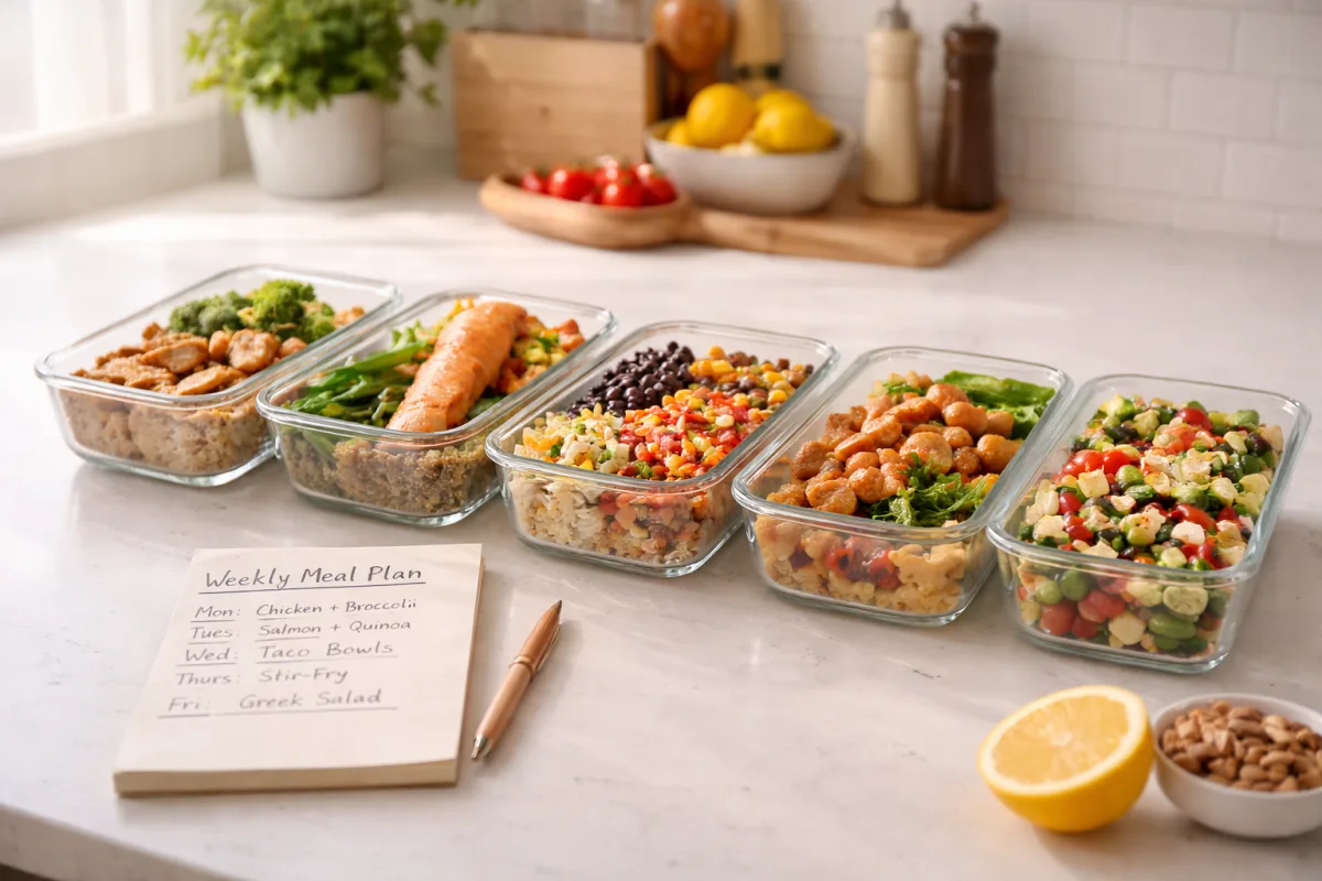 Aufgeräumte Küchenarbeitsplatte mit fünf Meal-Prep-Behältern und einem handgeschriebenen Wochenplan