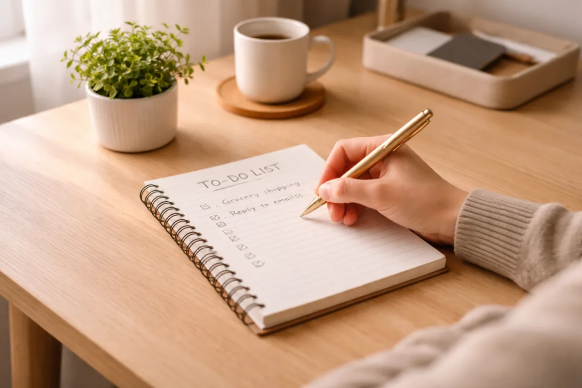 Person sitzt an einem aufgeräumten Holzschreibtisch und schreibt konzentriert in ein Notizbuch