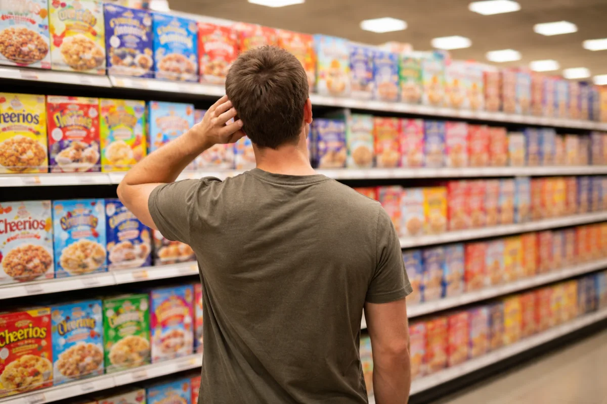 Person steht vor einem überladenen Supermarktregal mit dutzenden Müslipackungen und wirkt überfordert
