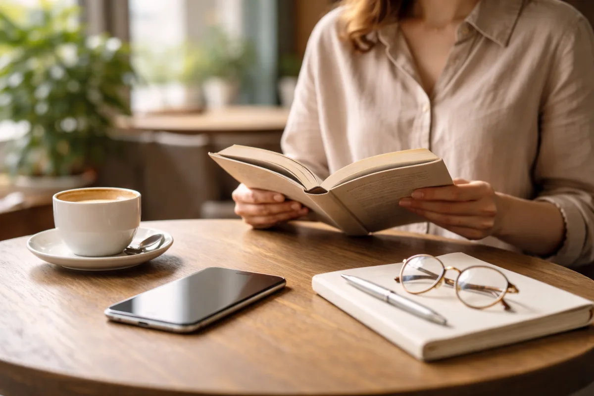 Entspannte Person in einem Café mit umgedrehtem Smartphone auf dem Tisch, ein Buch lesend