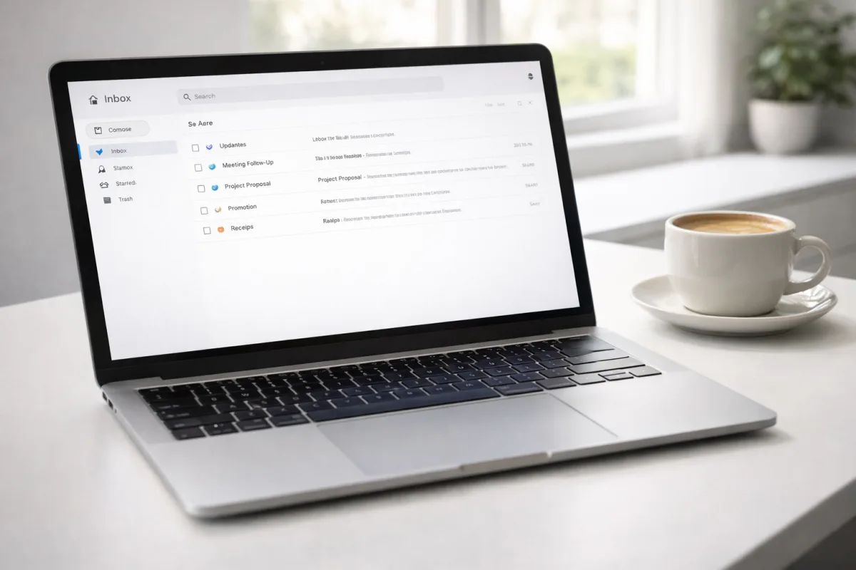 Übersichtliches E-Mail-Postfach auf einem Laptop mit Kaffeetasse auf hellem Schreibtisch