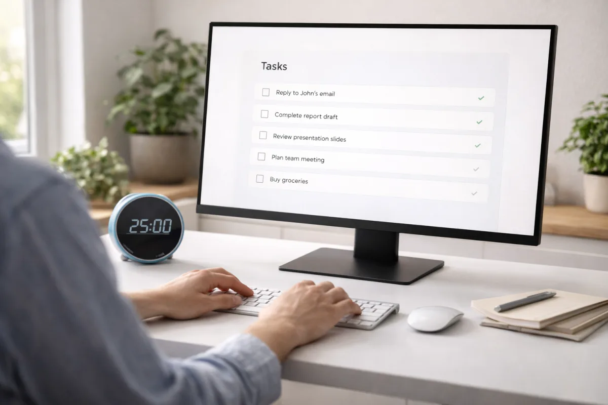 Person arbeitet an aufgeräumtem Homeoffice-Schreibtisch mit minimalistischer Aufgabenliste auf dem Monitor und Timer auf dem Tisch