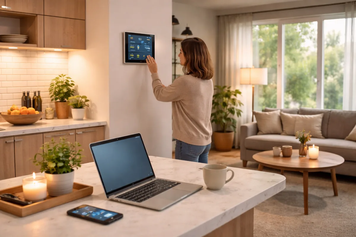 Person in einem modernen Wohnraum mit mehreren vernetzten digitalen Geräten im Alltag