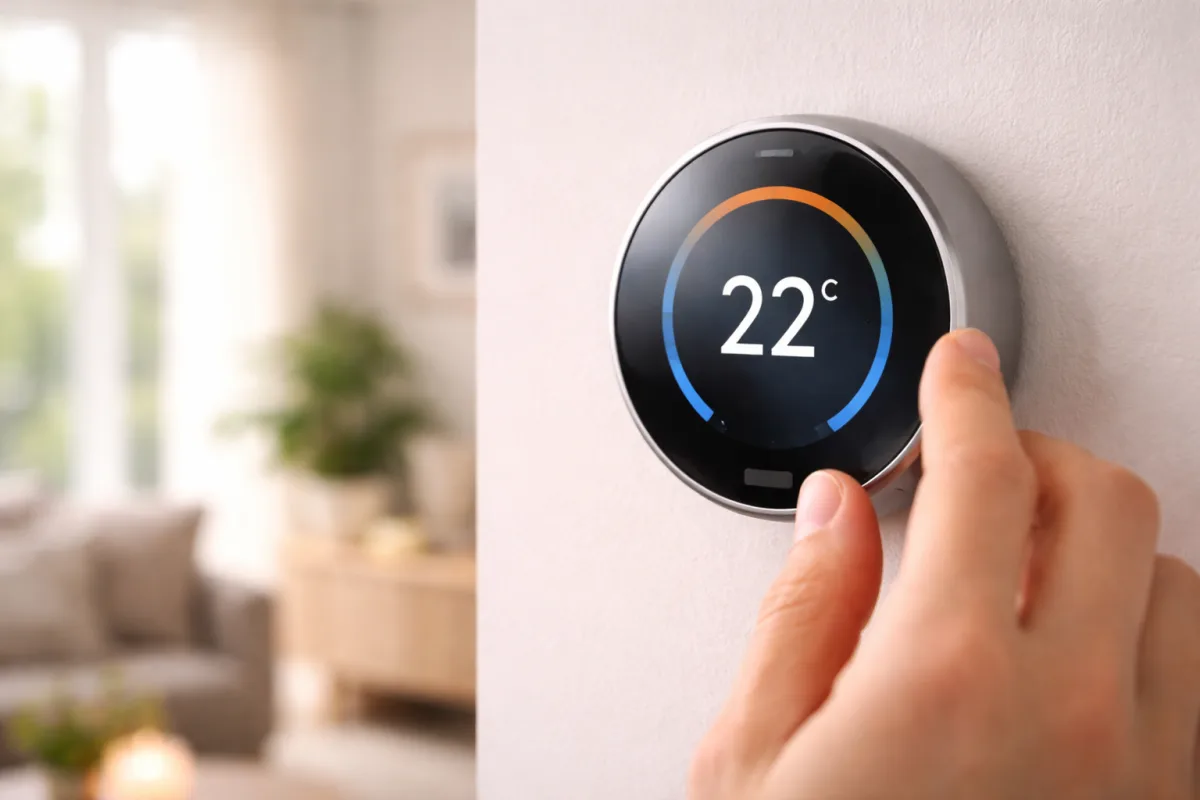 Hand bedient einen smarten Thermostat an einer Wohnzimmerwand