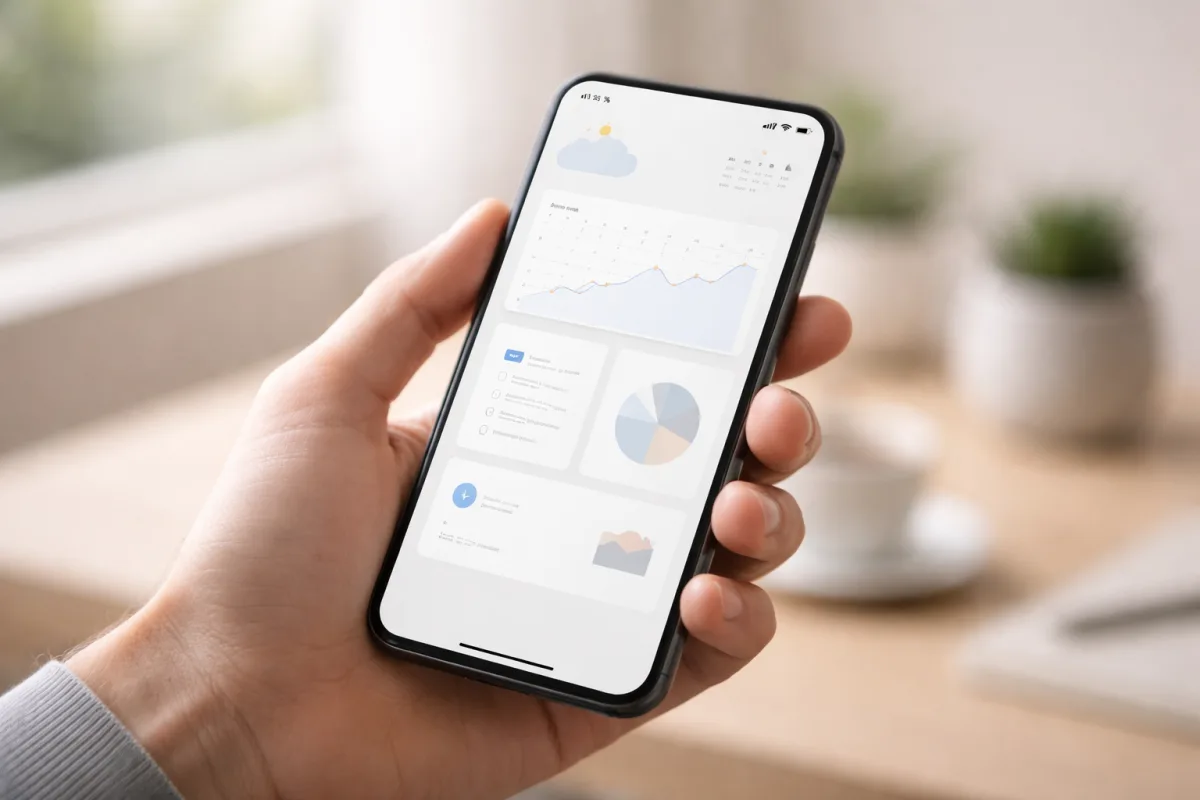 Hand hält Smartphone mit minimalistischer App-Oberfläche