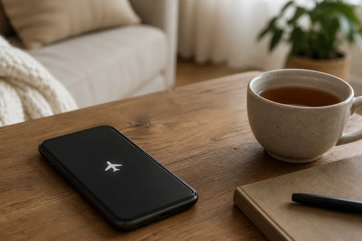 Ein Smartphone im Flugmodus liegt neben Tee und Notizbuch auf einem Holztisch