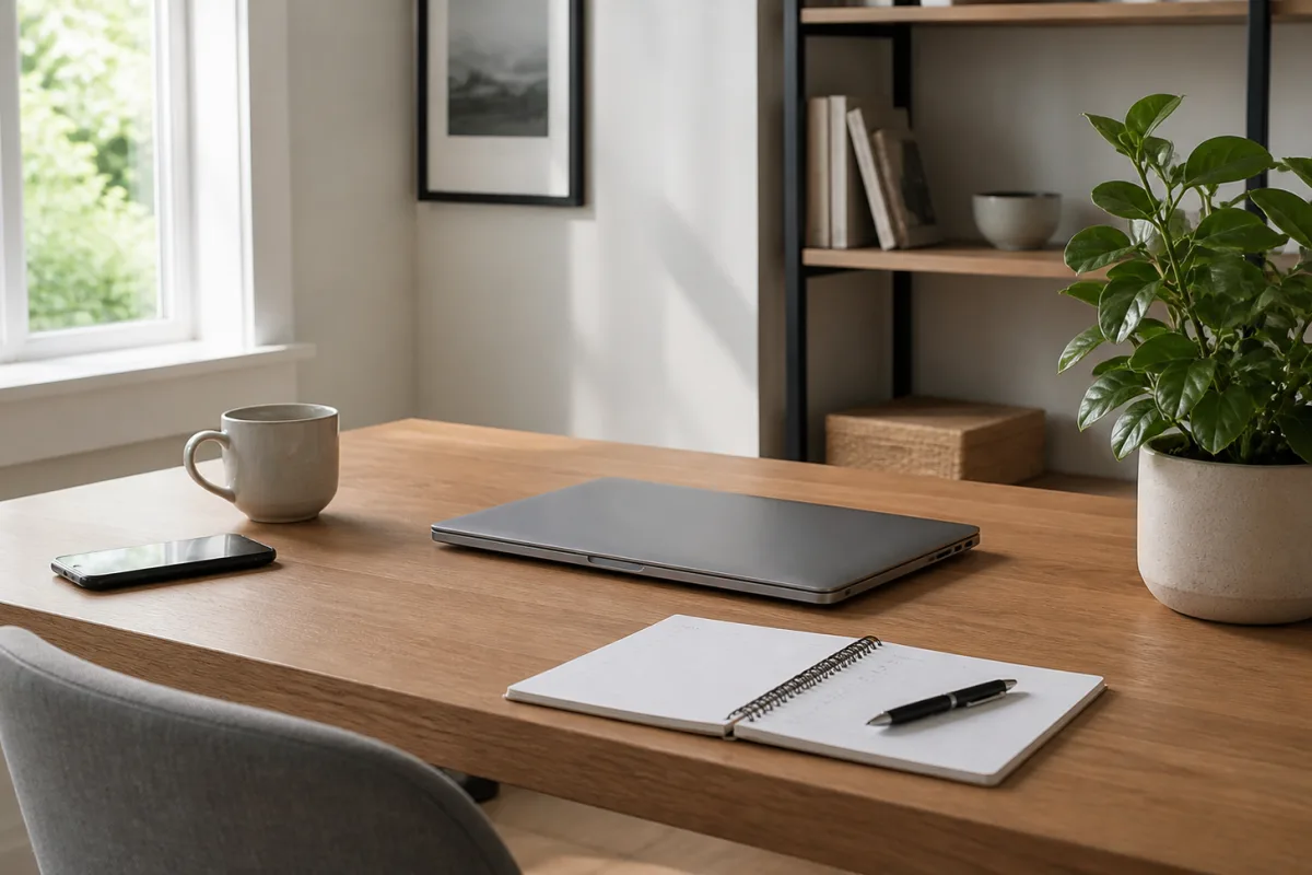 Ein aufgeräumter Homeoffice-Schreibtisch mit geschlossenem Laptop, Kalender und Smartphone am Rand