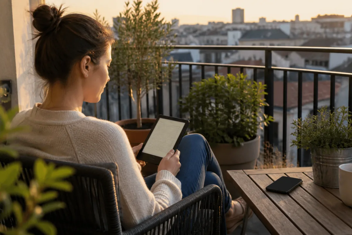 Eine Person liest entspannt auf einem Balkon mit einem E-Reader, während das Smartphone ausgeschaltet daneben liegt