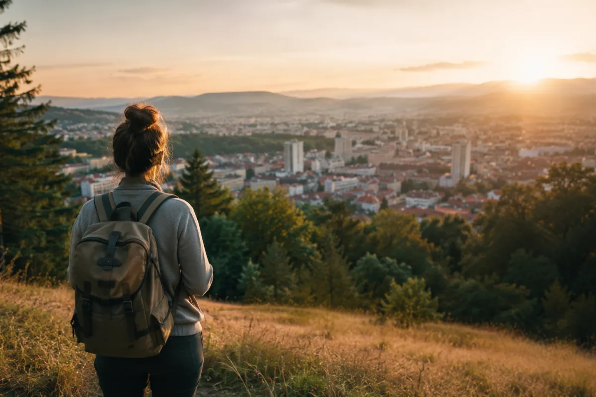 Person mit Rucksack steht bei Sonnenaufgang auf einem Hügel und blickt auf Stadt und Natur
