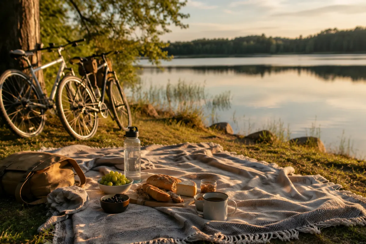 Picknickdecke mit Fahrrädern an einem ruhigen See am Abend
