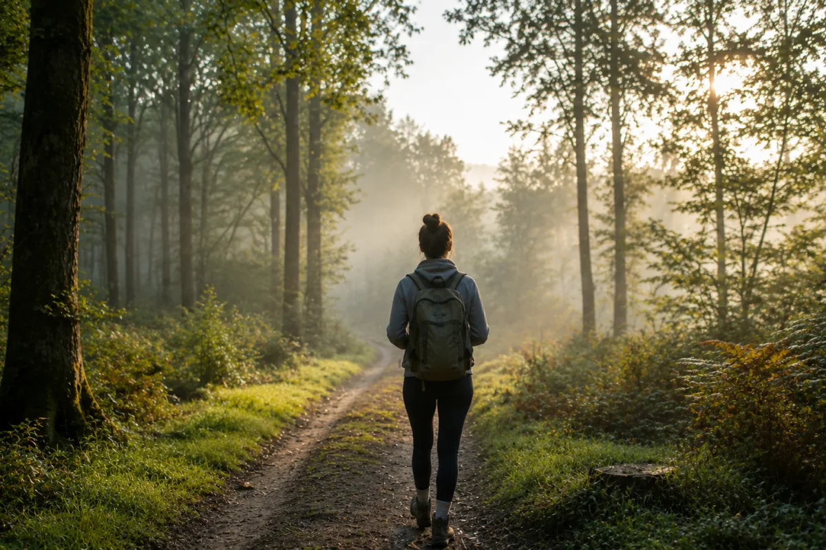 Person mit kleinem Rucksack geht morgens auf einem ruhigen Waldweg