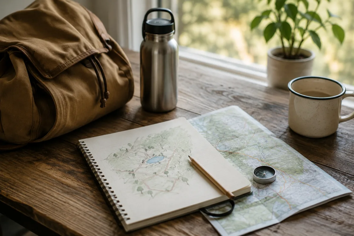 Notizbuch, Karte, Trinkflasche und kleiner Rucksack für einen kurzen Ausflug