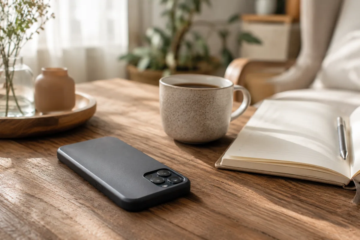 Smartphone liegt mit der Vorderseite nach unten neben Kaffee und Notizbuch auf einem ruhigen Tisch