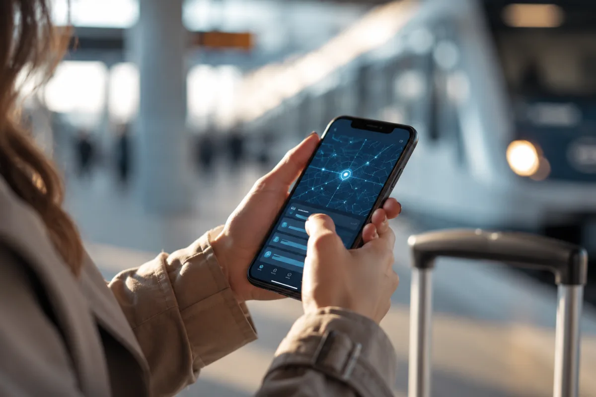 Person nutzt unterwegs ein Smartphone mit digitalen Assistenzfunktionen für die Reiseplanung