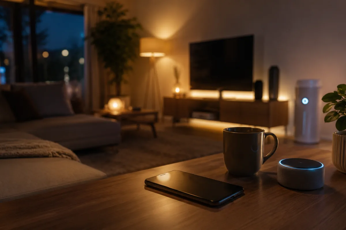 Smart-Home-Wohnzimmer als Beispiel für digitale Assistenten im Hintergrund