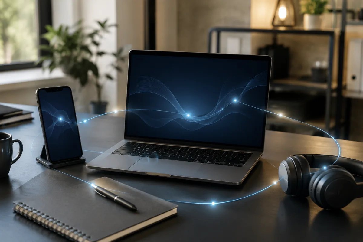 Schreibtisch mit verbundenen digitalen Geräten als Symbol für unsichtbare KI im Alltag