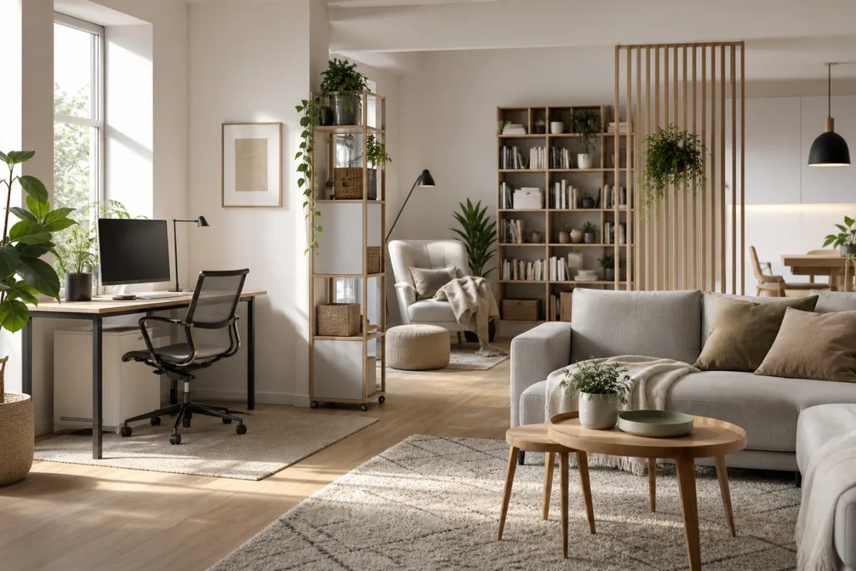 Heller Wohnraum mit flexiblen Zonen für Arbeiten, Wohnen und Entspannen