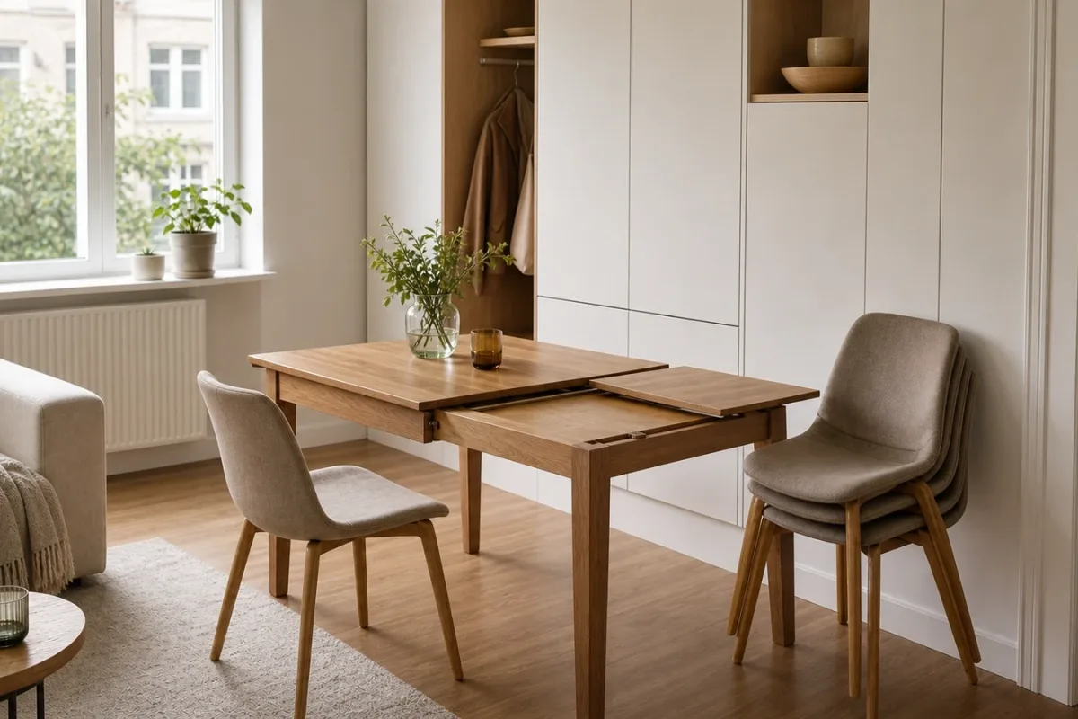 Kleine Wohnung mit ausziehbarem Esstisch und platzsparender Einrichtung