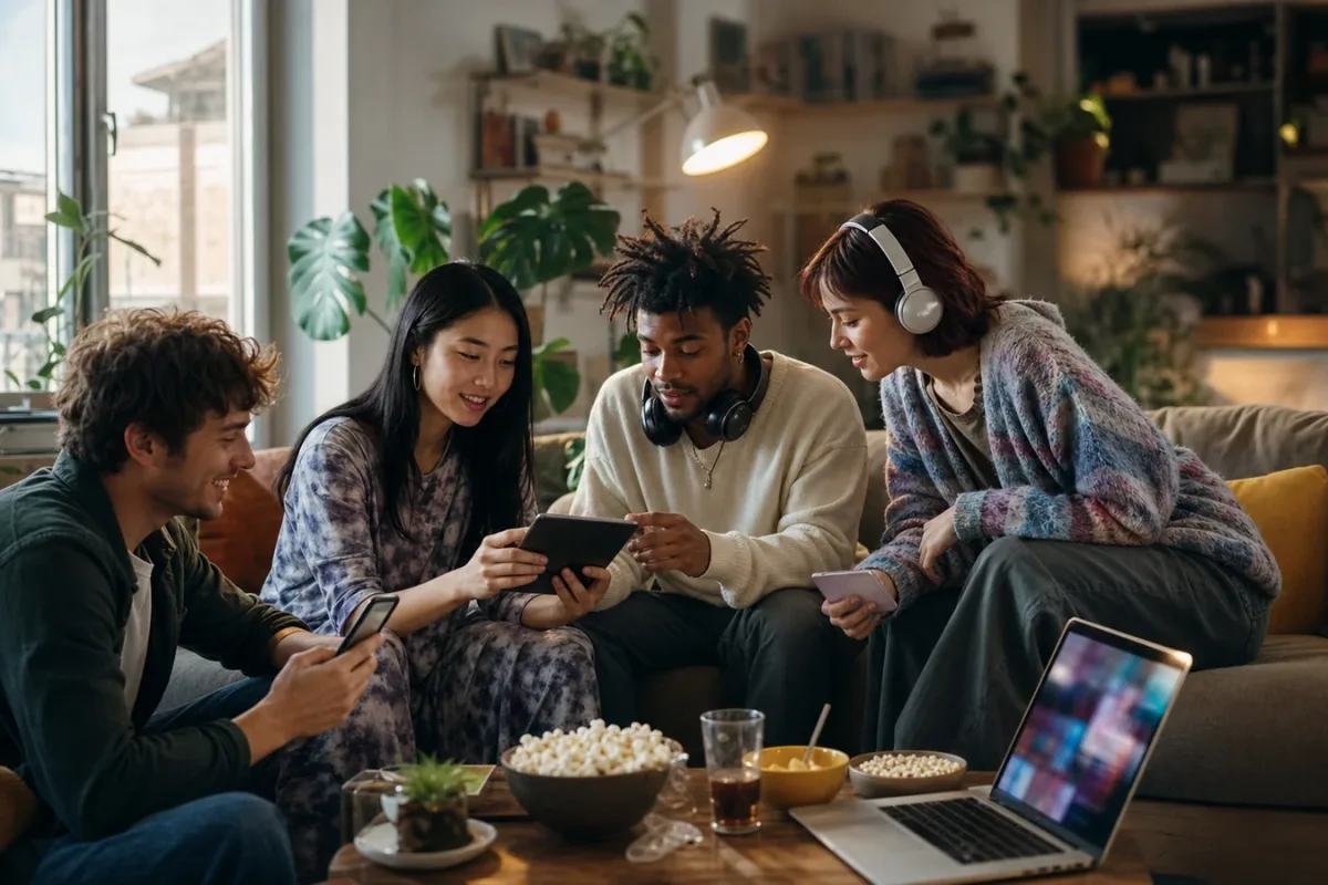Junge Menschen entdecken gemeinsam Musik, Videos und Kulturinhalte in einem Wohnzimmer