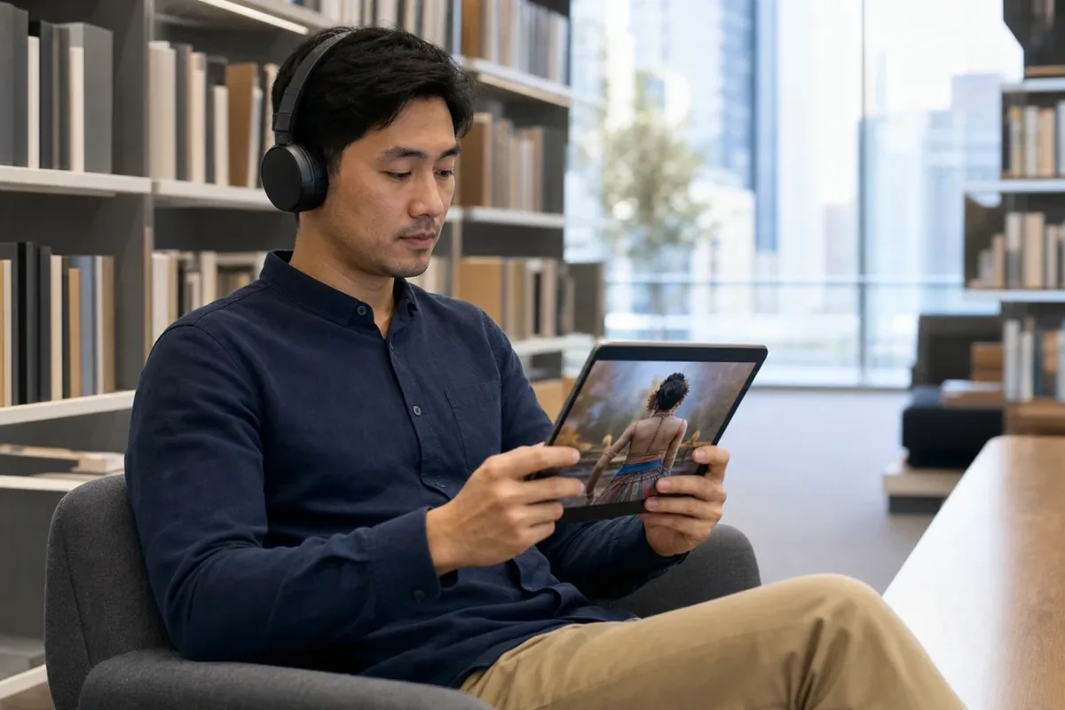 Eine Person entdeckt in einer Mediathek verschiedene Kulturinhalte auf einem Tablet