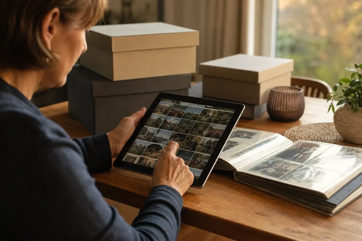 Person sortiert digitale Fotos auf einem Tablet neben alten Fotoalben