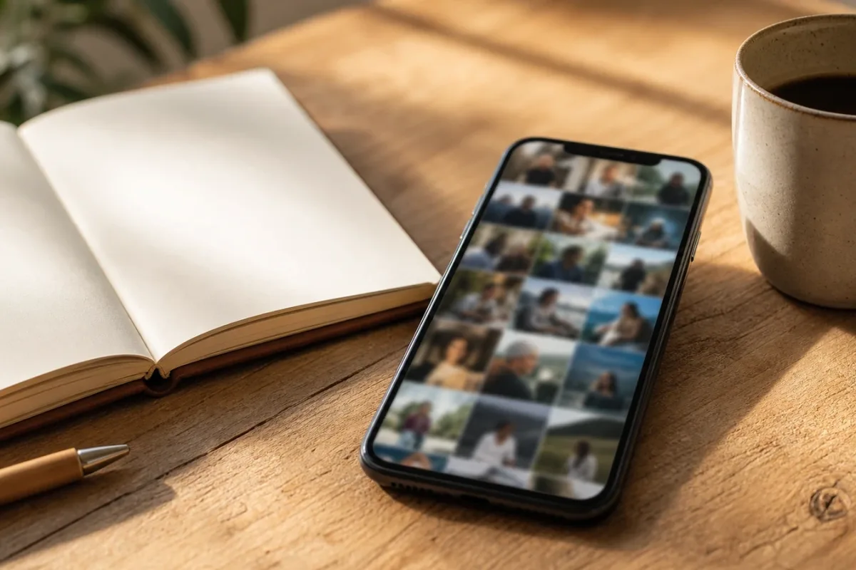 Smartphone mit unscharfer Fotogalerie neben Notizbuch und Tasse