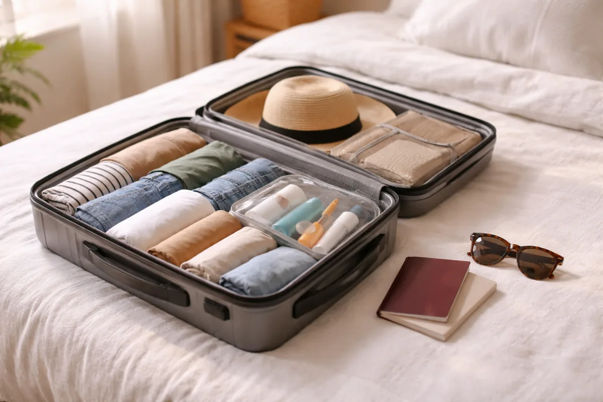 Geöffneter Handgepäck-Koffer auf einem Bett mit ordentlich gerollter Kleidung, Kulturbeutel und Reisepass daneben