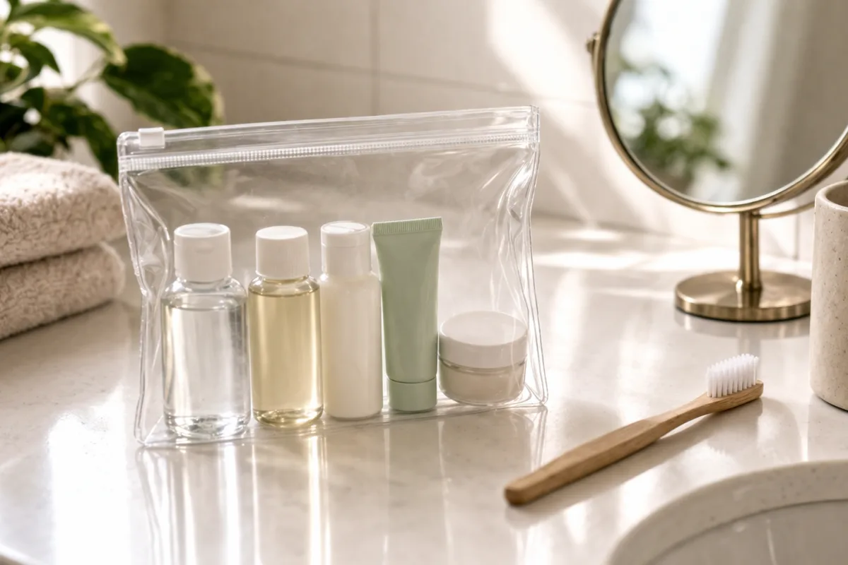 Transparenter wiederverschließbarer Beutel mit kleinen Reise-Kosmetikflaschen auf einer Badezimmer-Ablage