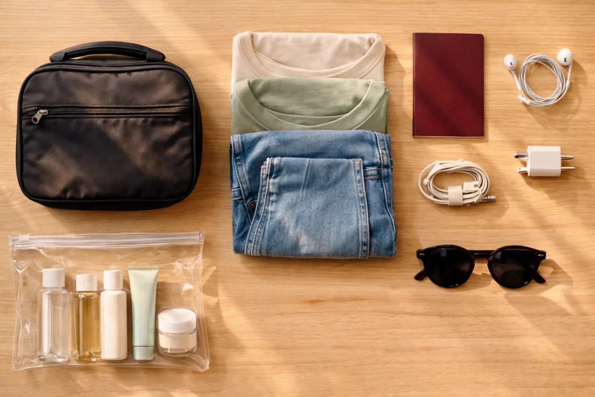 Flach angeordnete Reiseutensilien auf einem Holztisch: kleiner Koffer, gefaltete Kleidung, Reisepass, Kopfhörer und Kulturbeutel