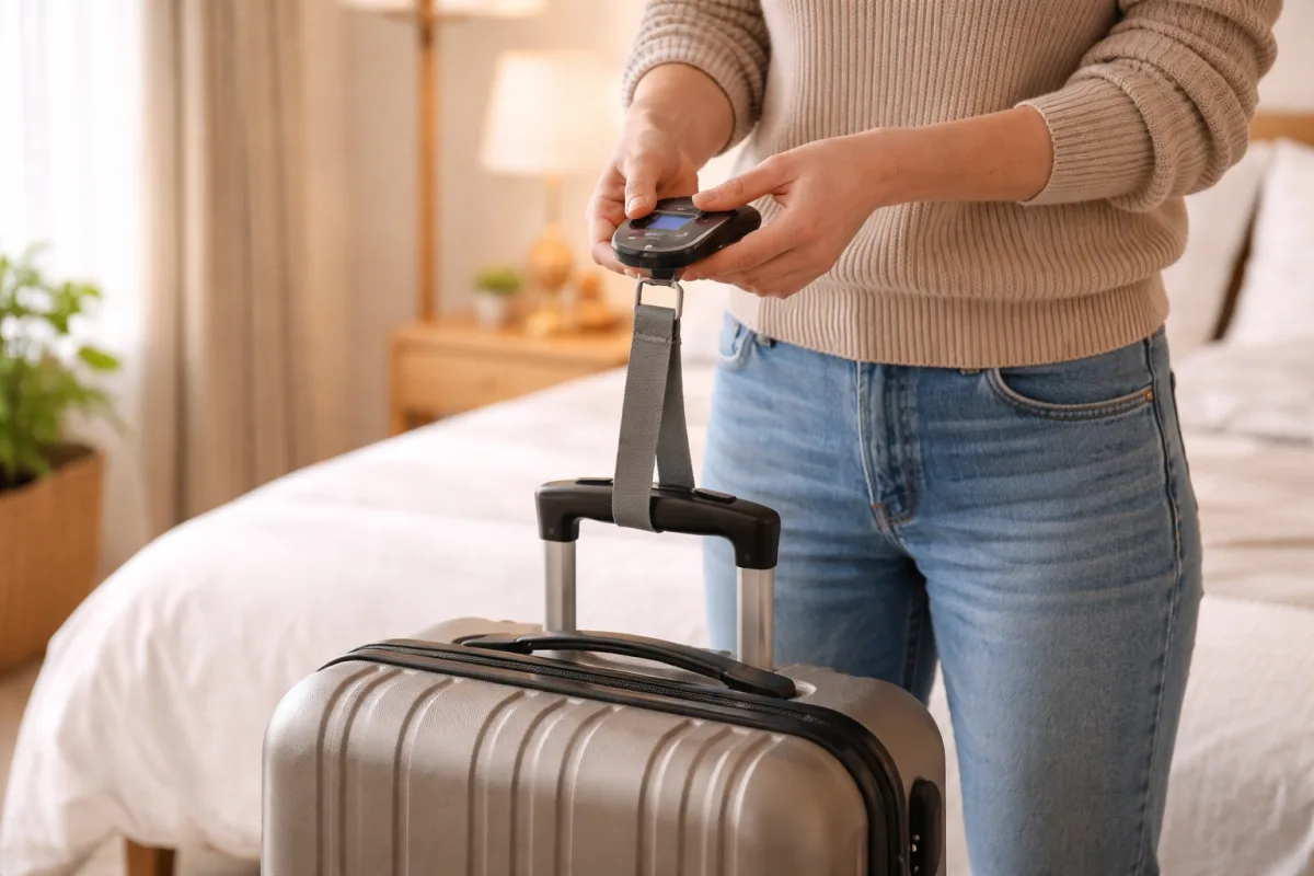 Person wiegt einen kleinen Handgepäck-Trolley mit einer digitalen Kofferwaage im Hotelzimmer