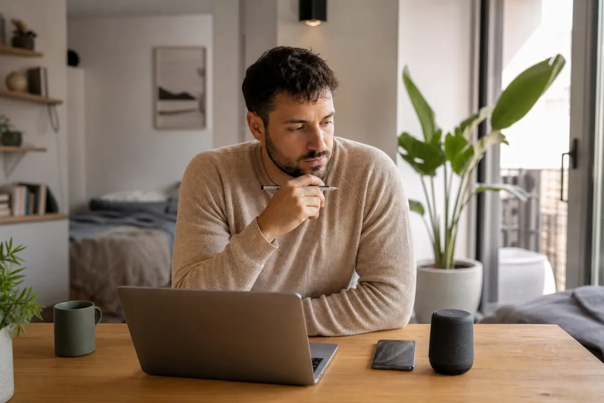 Person nutzt Laptop, Smartphone und smarte Geräte zur Organisation des Alltags