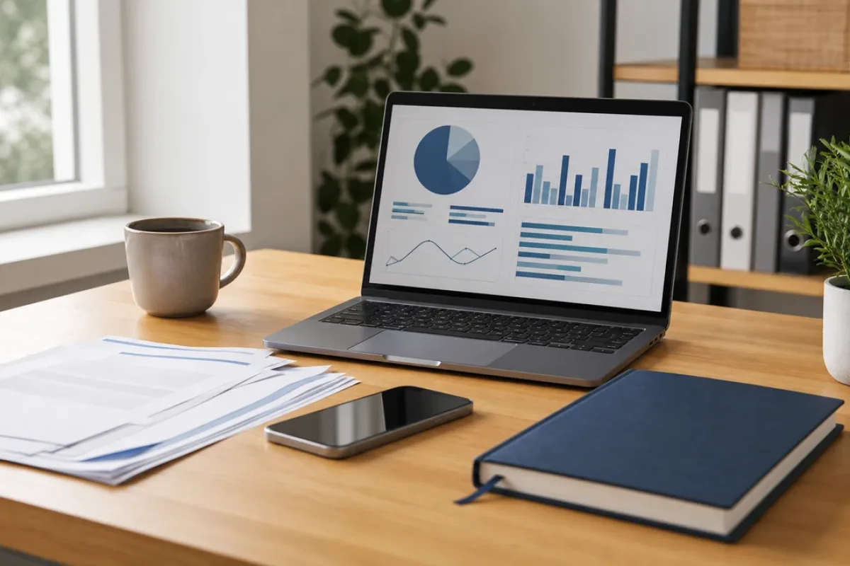 Schreibtisch mit Laptop, Haushaltsbuch und Rechnungen zur digitalen Finanzorganisation