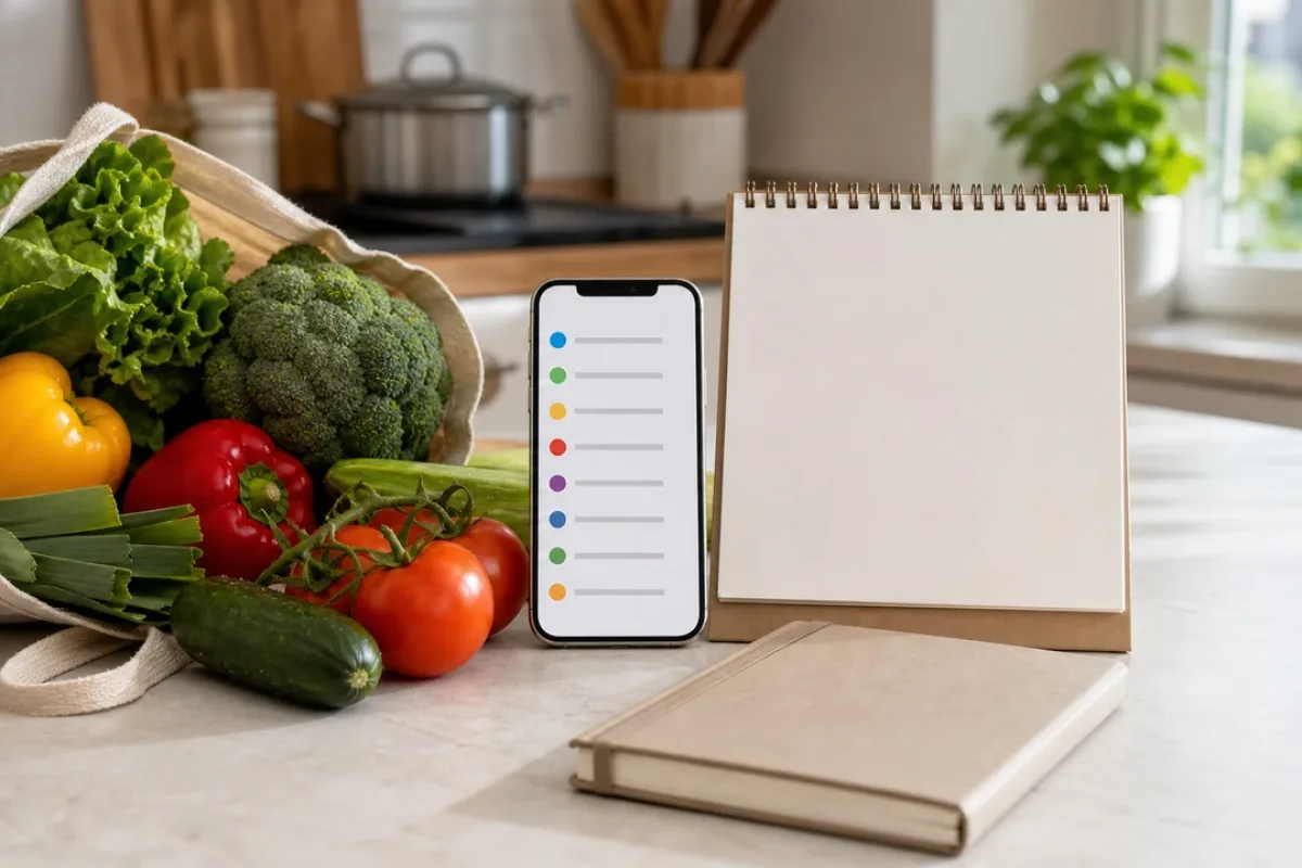Smartphone mit digitaler Einkaufsliste neben Lebensmitteln in einer Küche