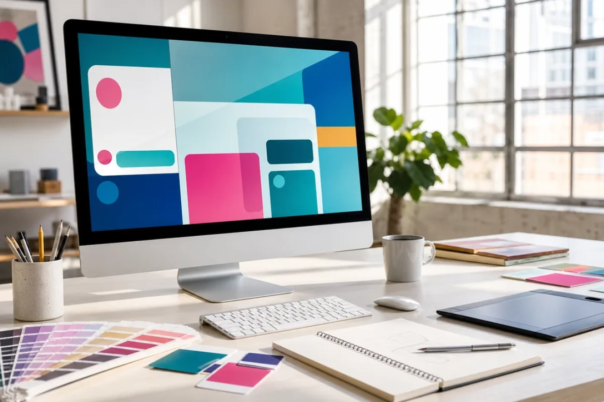 Moderner Arbeitsplatz mit digitalen Farbflächen auf einem Monitor und Farbmusterkarten auf dem Schreibtisch