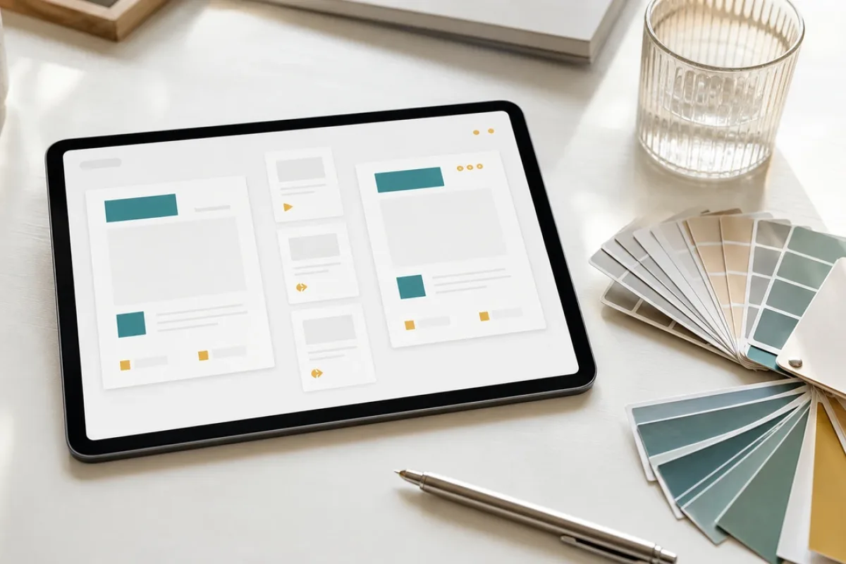 Tablet mit moderner Vergleichsseite, Teal-Akzenten und warmen Hinweisfarben