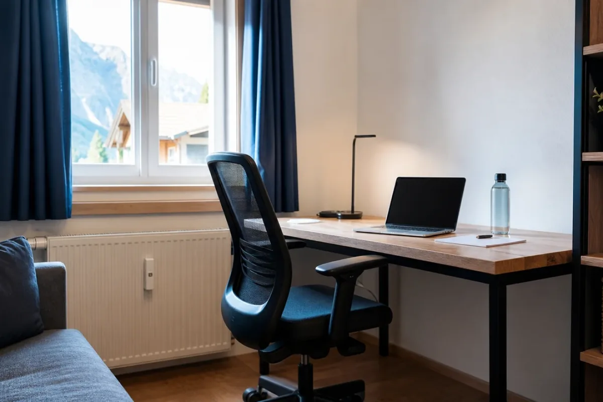 Funktionaler Arbeitsplatz mit Laptop und ergonomischem Stuhl in einer hellen Ferienwohnung