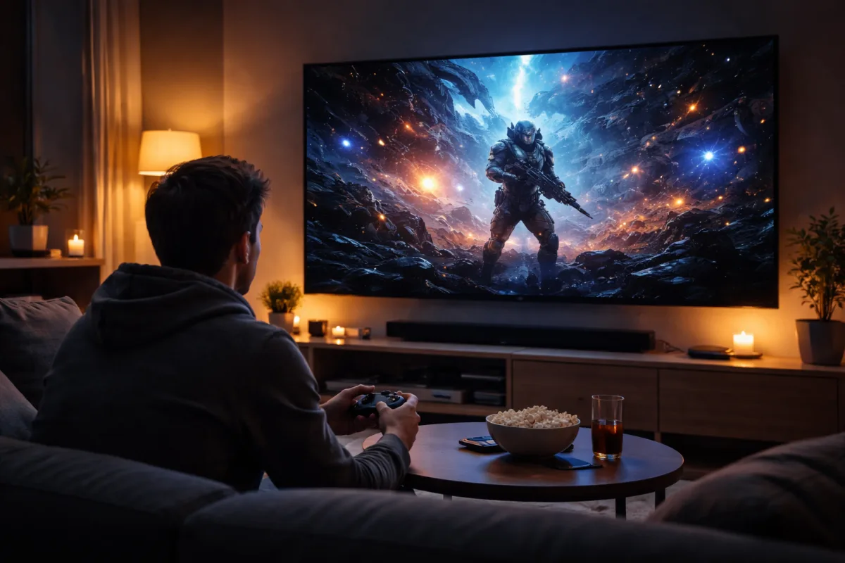 Person spielt mit einem Controller auf einem großen Fernseher in einem modernen Wohnzimmer ein Videospiel per Cloud-Gaming