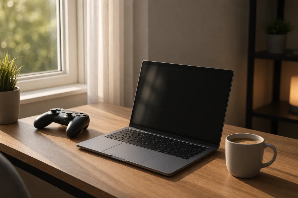 Schlanker Laptop neben einem kabellosen Controller und einer Kaffeetasse auf einem aufgeräumten Schreibtisch bei Tageslicht