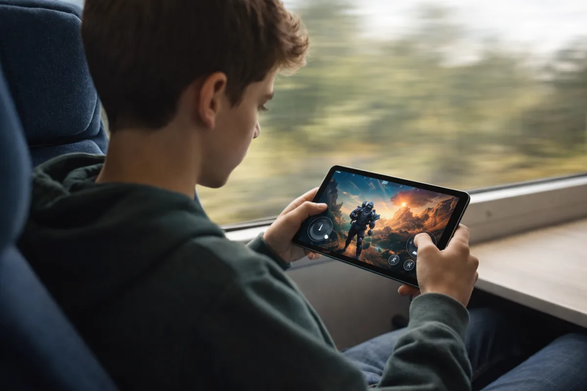 Jugendlicher spielt auf einem Tablet ein Videospiel während einer Zugfahrt mit vorbeiziehender Landschaft