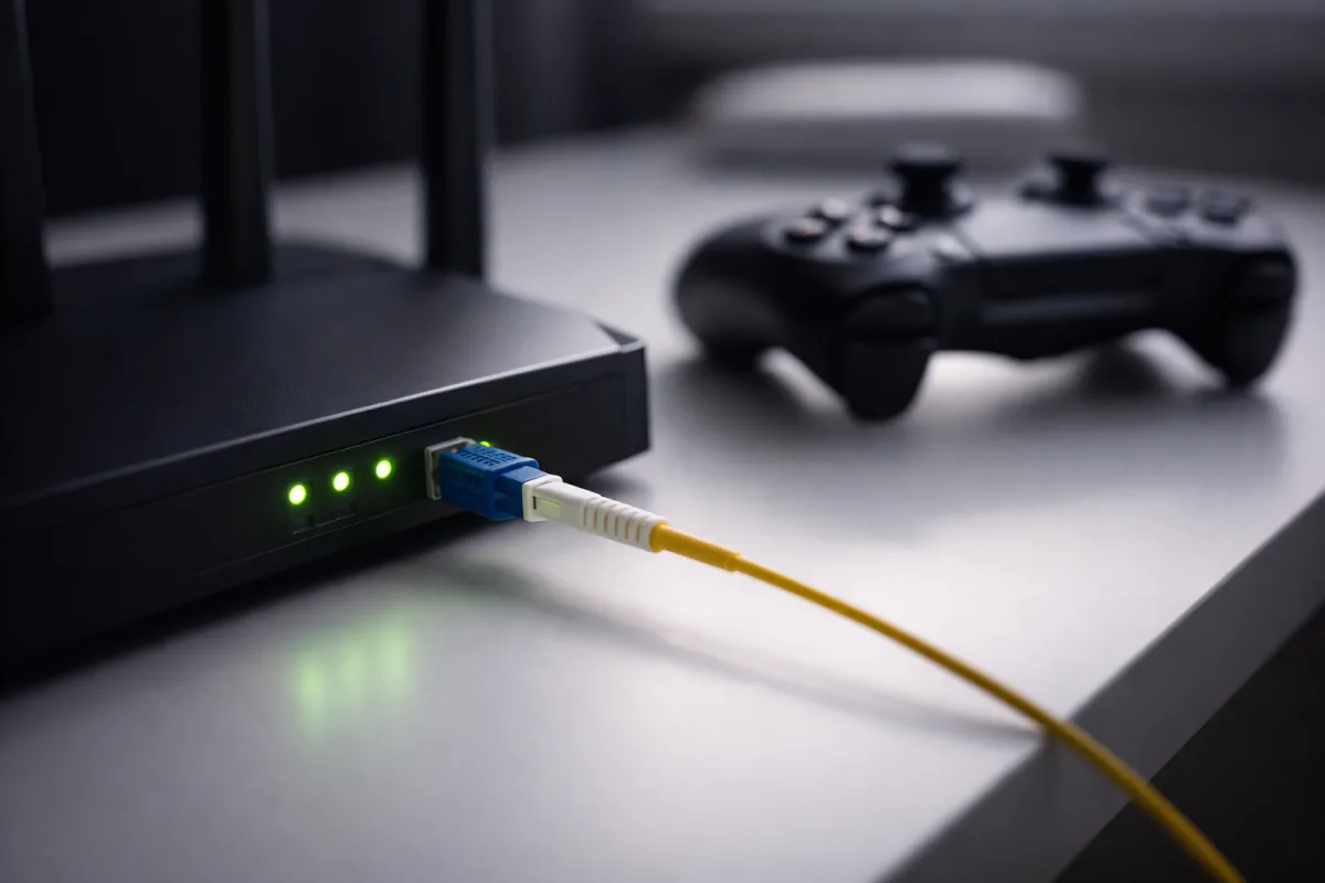 Glasfaserkabel in einem modernen Router neben einem Gaming-Controller auf einem weißen Schreibtisch