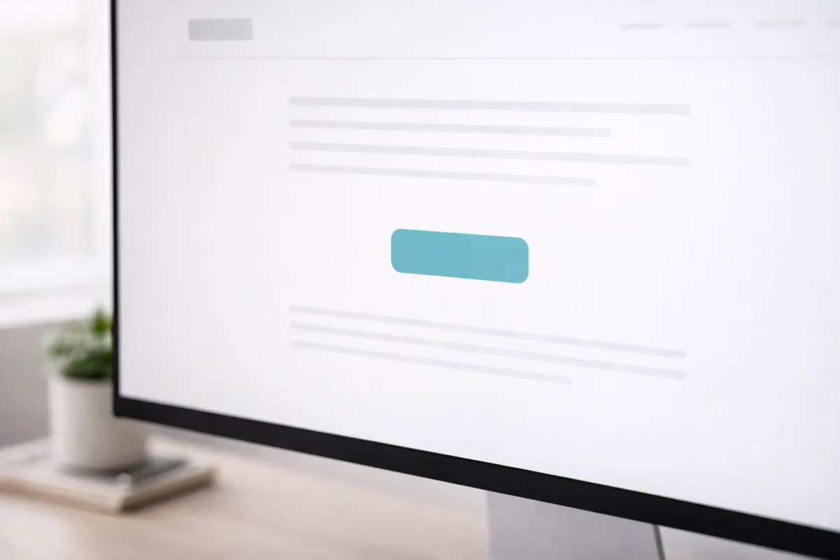 Nahaufnahme eines Monitors mit einer aufgeräumten Website in hellen Tönen, einem einzelnen farbigen Button und großzügigen Abständen zwischen den Textbereichen
