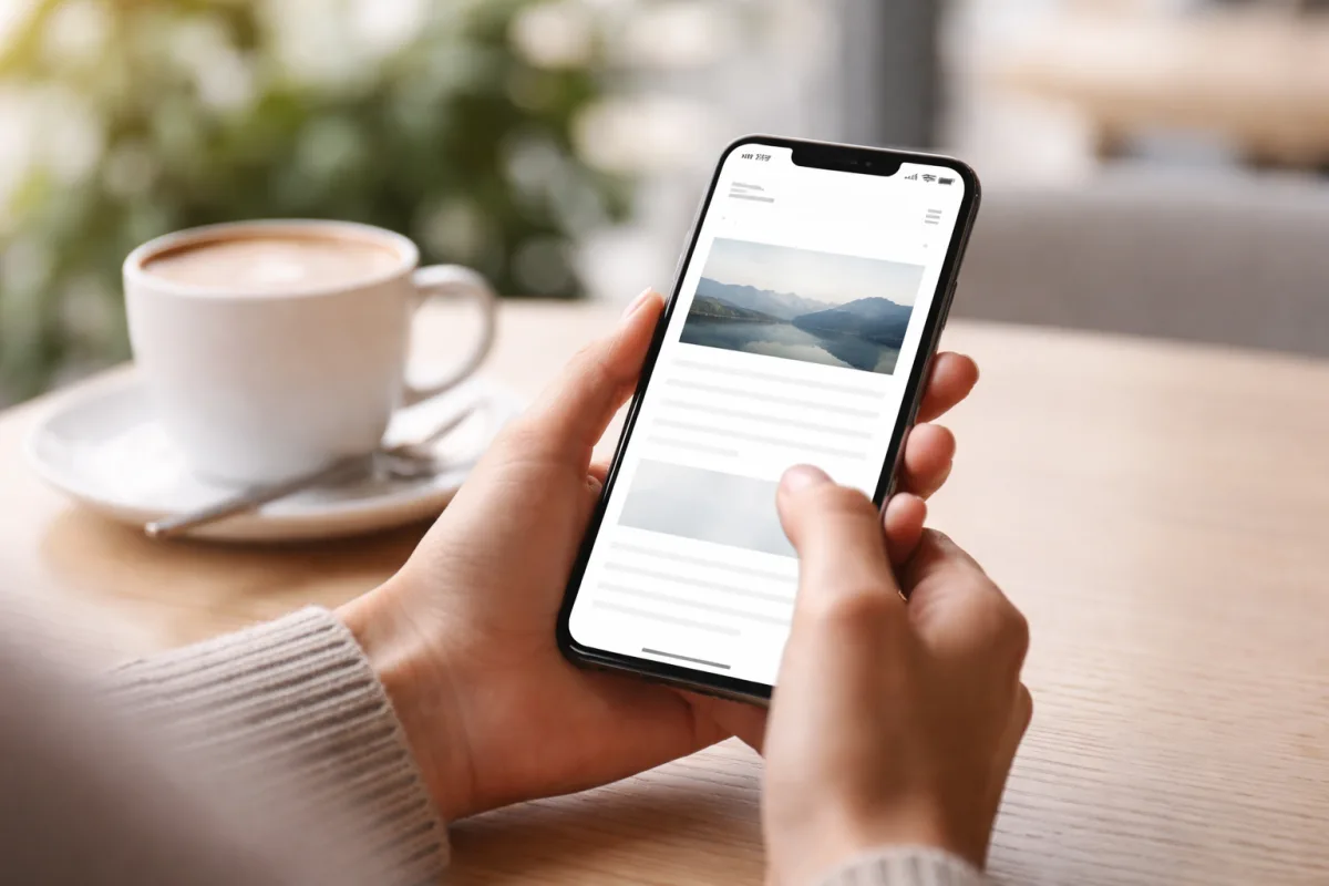 Person scrollt auf einem Smartphone durch eine minimalistische Website mit viel Weißraum, an einem Cafétisch mit Kaffeetasse bei Tageslicht