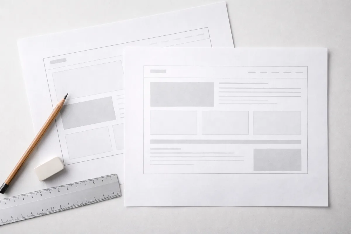 Draufsicht auf einen Designertisch mit gedruckten Wireframe-Skizzen eines minimalistischen Layouts, Bleistift und Lineal auf weißem Papier