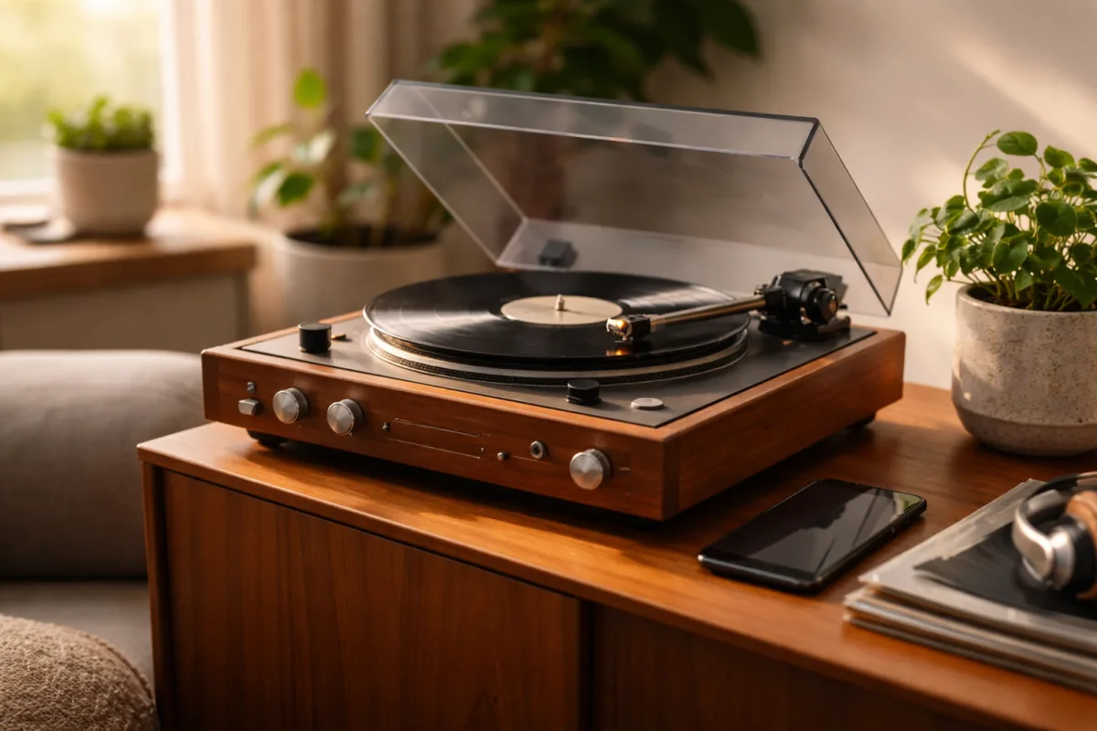 Vintage-Plattenspieler neben einem modernen Smartphone auf einem Holzsideboard in einem Wohnzimmer mit warmem Nachmittagslicht