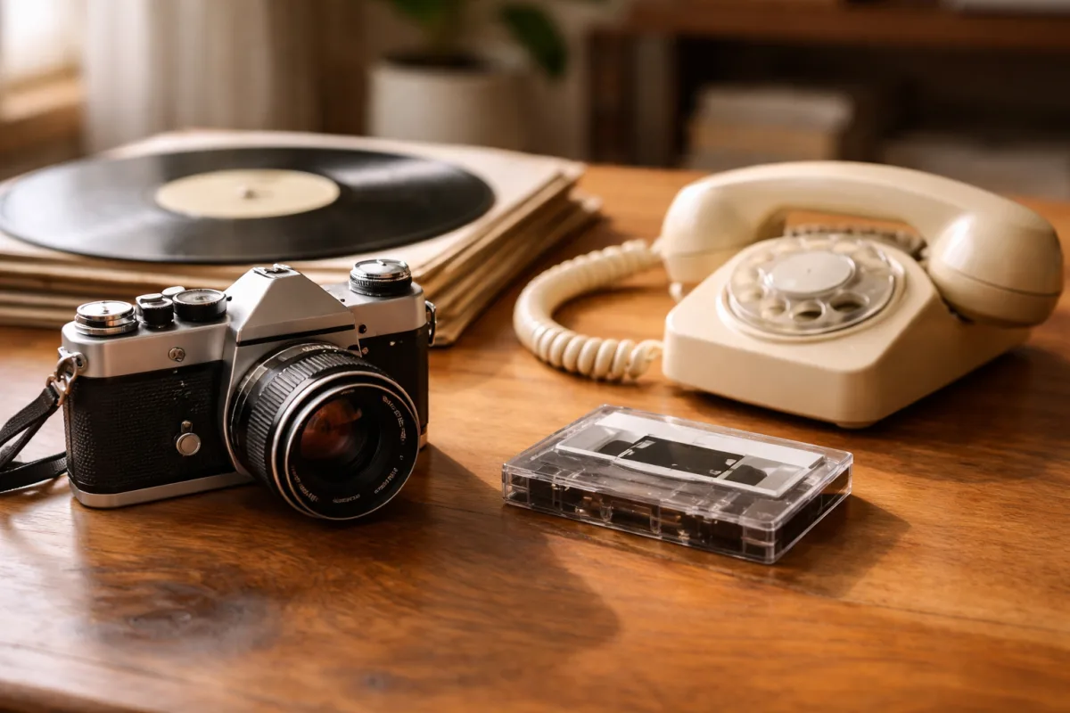 Analoge Gegenstände auf einem Holztisch angeordnet: Filmkamera, Musikkassette, Telefonhörer und Schallplatten im weichen Seitenlicht
