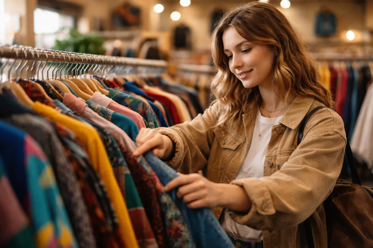 Junge Frau stöbert in einem Second-Hand-Laden durch ein Regal mit bunter Vintage-Kleidung im Stil der 1990er Jahre