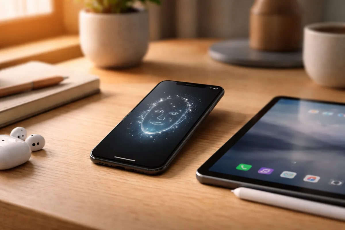 Smartphone mit Gesichtserkennung und Tablet auf einem aufgeräumten Schreibtisch im Home-Office