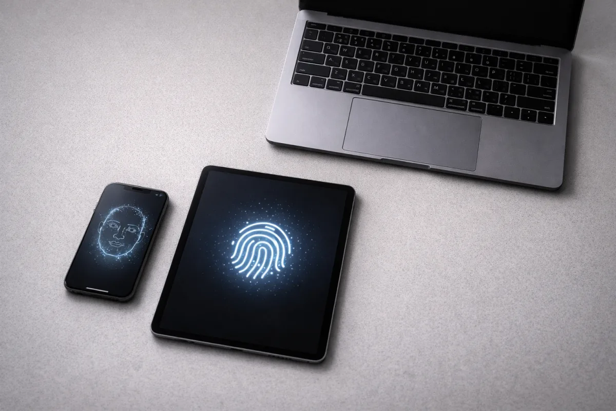 Drei moderne Geräte auf einem hellen Schreibtisch mit Sperrbildschirmen und biometrischen Symbolen, Draufsicht