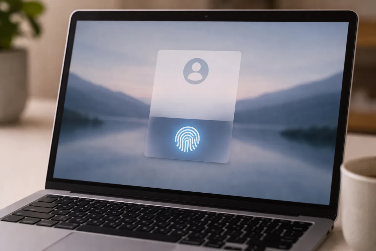 Laptop-Bildschirm mit moderner passwortloser Login-Oberfläche und biometrischer Authentifizierungsaufforderung