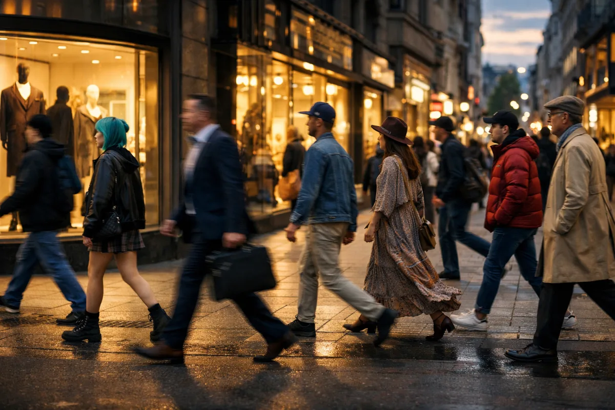 Belebte Großstadtstraße in der Abenddämmerung mit Passanten in unterschiedlichen Modestilen vor beleuchteten Schaufenstern